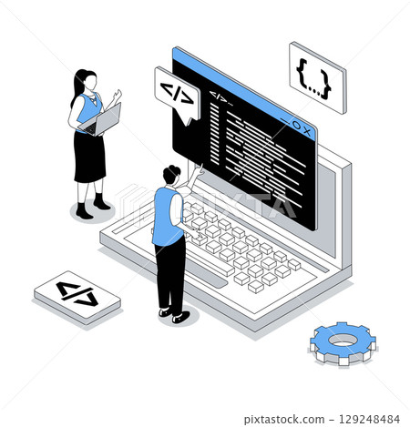App development 3d isometric concept with isometry people design for web. Developer team programming of interface wireframe layout, coding and fixing code, making optimization. Vector illustration 129248484