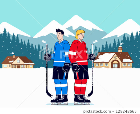 Two Hockey Players in Winter Landscape 129248663