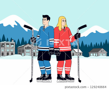 Two Hockey Players in Winter Landscape 129248664