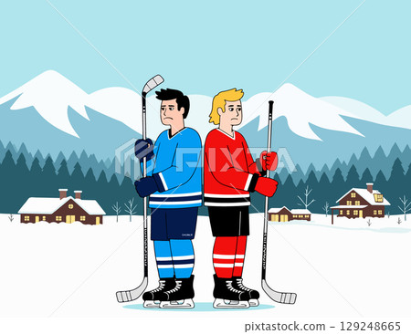 Two Hockey Players in Winter Landscape Two Hockey Players in Winter Landscape 129248665