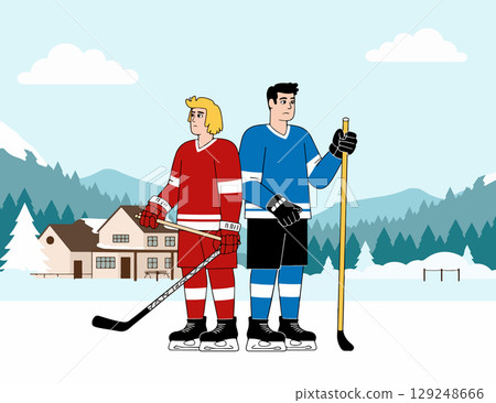 Two Hockey Players in Winter Landscape Two Hockey Players in Winter Landscape 129248666