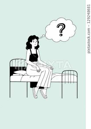 Woman Sitting on Bed with Question Mark Thought Bubble 129248681