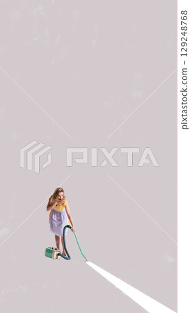 Contemporary collage of surprised woman vacuuming bright beam on pastel background with full copy space 129248768
