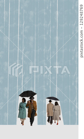 Handmade collage of four people with umbrellas walking in vertical rain with full vertical copy space 129248769