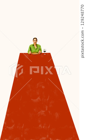Bright collage of woman sitting at red table with spaghetti and wine glass, large overhead copy space 129248770