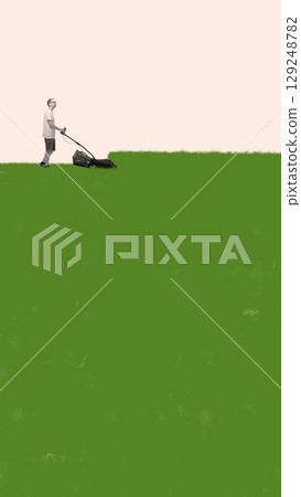 Trendy social media background. Man mowing green lawn with wide copy space below 129248782