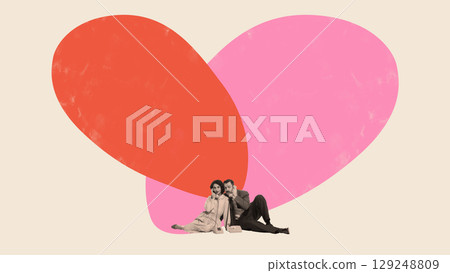 Handmade collage of retro-styled couple sitting under overlapping red and pink hearts 129248809