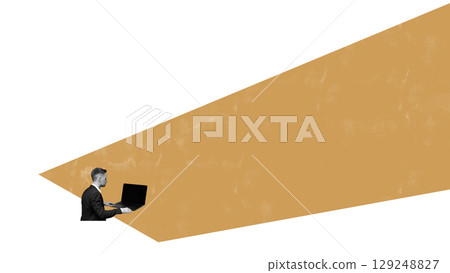 Modern collage of man with laptop in spotlight-shaped brown beam and empty copy space Modern collage of man with laptop in spotlight-shaped brown beam and empty copy space 129248827