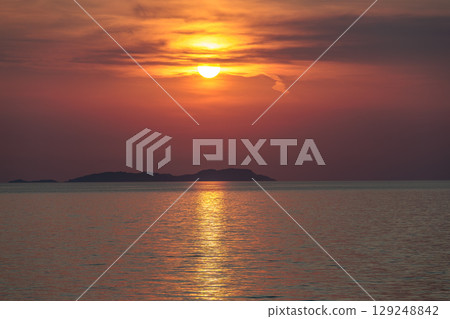 Sunset over Erikousa Island from Corfu Island, Ionian Sea, Greece Sunset over Erikousa Island from Corfu Island, Ionian Sea, Greece 129248842