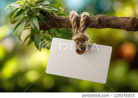 Blank white tag mockup with jute knot and green leaves. Empty blank for text and message, marketing and advertising 129248855