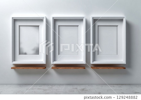 Presentation. Empty color photo frame for a collage of three photos in a minimalist style on a white background. Presentation. Empty color photo frame for a collage of three photos in a minimalist style on a white background. 129248882
