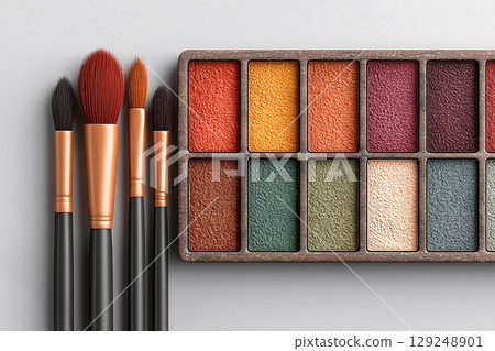 Ideal for natural beauty brands. Flat lay of makeup brush placed next to a color palette on white background. Ideal for natural beauty brands. Flat lay of makeup brush placed next to a color palette on white background. 129248901