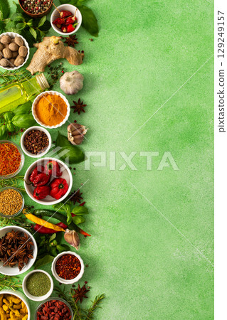 Fresh, fragrant spices and herbs arranged in an array of colors, sitting on a soft green backdrop, bringing flavor and zest to any kitchen, top view and copy space 129249157