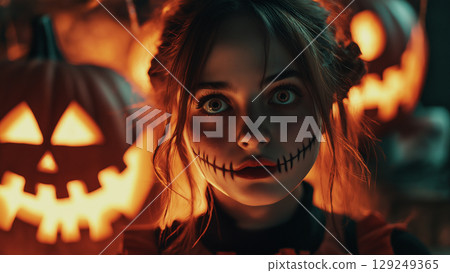 Woman with jack-o'-lantern face 129249365