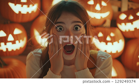 一名女子被大量的南瓜燈驚呆了 一名女子被大量的南瓜燈驚呆了 129249374