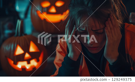 拿著南瓜燈和頭的女人 129249375