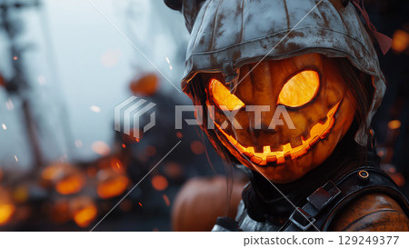 Hooded person with a jack-o'-lantern face 129249377