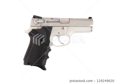 Pistol isolated over white background. Exemplar of firearm weapon closeup 129249620