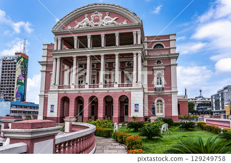 Facade of the imposing Amazonas Theater in the city of Manaus in Brazil. Symbol of the golden period of rubber in Brazil Facade of the imposing Amazonas Theater in the city of Manaus in Brazil. Symbol of the golden period of rubber in Brazil 129249758
