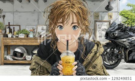 Riders Cafe - Illustration of a female rider taking a break while looking at her bike 129249851