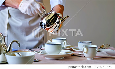Refined waiter wearing white gloves pouring hot tea from ornate silver teapot into delicate porcelain cup during fine dining service 129249860