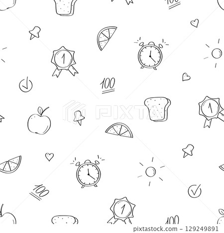 Seamless pattern of back to school doodle icons. Vector illustration of school supplies background. 129249891