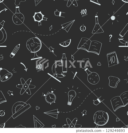 Seamless pattern of back to school doodle icons. Vector illustration of school supplies background. 129249893