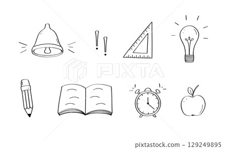 Doodle icons of school supplies and items. Vector illustration sketch book alarm clock pencil, light bulb and bell. 129249895