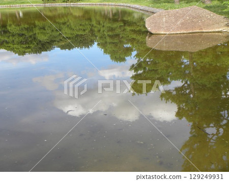 Blue sky and white clouds reflected in Hamanoike Pond in Inage Seaside Park 129249931