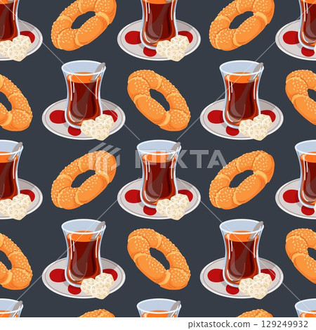 Seamless pattern with traditional Turkish tea glass on saucer and simit on dark background in cartoon. Perfect for cafe wallpaper, kitchen decor or breakfast themed design. 129249932