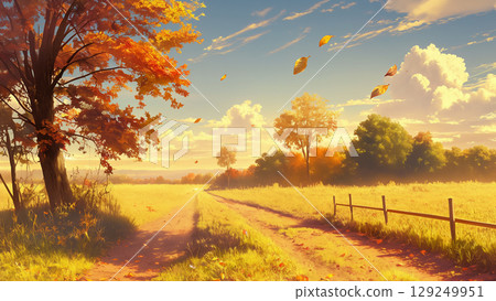 秋葉與土路景觀，動漫風格 129249951