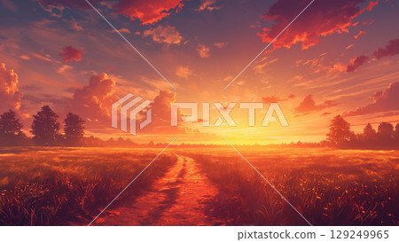 Scenery of a dirt road with a crimson sky, anime style 129249965