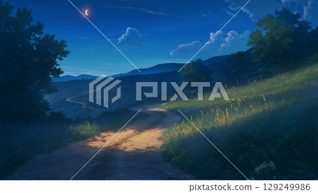 Late night dirt road scene, anime style 129249986