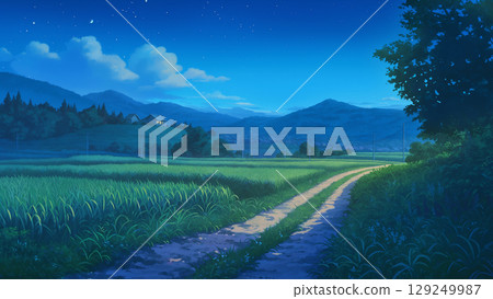 Night rural dirt road landscape, anime style Night rural dirt road landscape, anime style 129249987