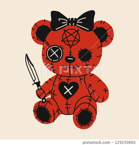 Cartoon illustration of a creepy voodoo-style teddy bear with red stitched body, black button eyes, pentagram symbol on the forehead, heart patch, black bow, and holding a knife in a dark horror-theme 129250002
