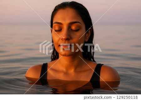 Serene young woman with closed eyes enjoying peaceful moment in calm water during sunset at the beach, AI Generative Serene young woman with closed eyes enjoying peaceful moment in calm water during sunset at the beach, AI Generative 129250118
