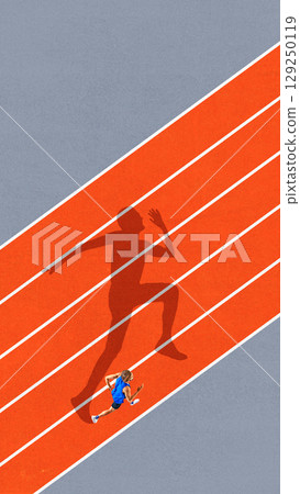 Bold digital artwork of male sprinter running on orange track with shadow of projected ambition 129250119
