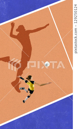 Digital collage of female volleyball player in mid-air serve with strong shadow on court 129250124