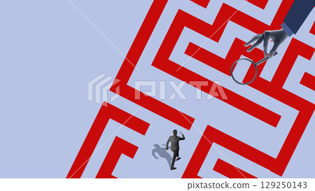 Surreal collage of businessman navigating red maze under magnifying glass Surreal collage of businessman navigating red maze under magnifying glass 129250143