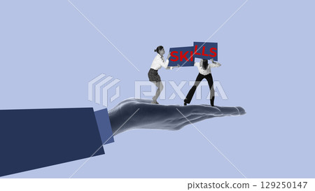 Minimalist pop art collage of two women balancing word SKILLS while standing on giant hand Minimalist pop art collage of two women balancing word SKILLS while standing on giant hand 129250147