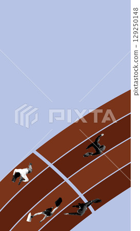 Contemporary collage of businesspeople running on race track with briefcases 129250148