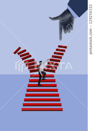 Creative collage of man climbing broken red stairs guided by pointing giant hand 129250152