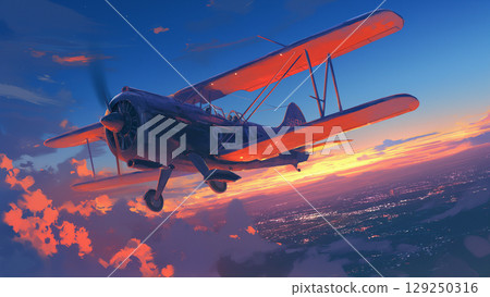 日落和經典雙翼飛機，卡通風格 129250316