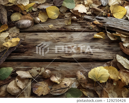 Background material of an old wooden floor covered with dead leaves (autumn atmosphere) 129250426