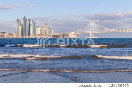 Busan city coastal landscape, Gwangandaegyo or Diamond Bridge Busan city coastal landscape, Gwangandaegyo or Diamond Bridge 129250475