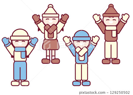 Children wearing hats and scarves to protect themselves from the cold 129250502