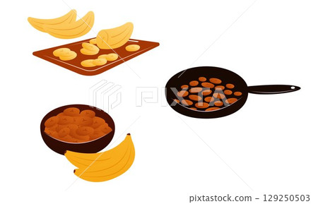 Vector illustration of cooking and serving Tajadas fried banana slices Plantain 129250503