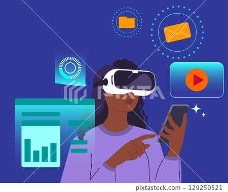 Dark Skinned Woman Using VR Headset Dark Skinned Woman Using VR Headset 129250521