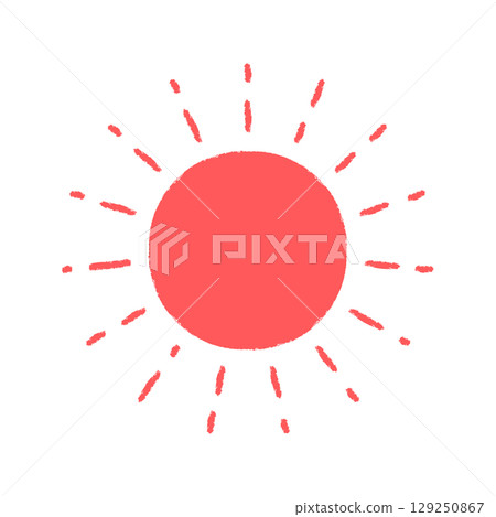 Hand-drawn simple chalk drawing of a red sun - round text space and decorative parts 129250867