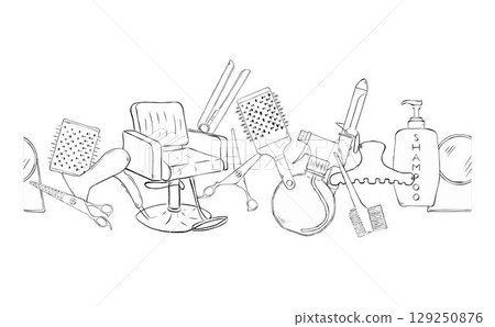 Hair doodle objects, symbols and items Salon seamless horizontal border. Vector graphic line ink illustration. Banner, poster, wrapping paper, sticker, print, modern textile design. Hair doodle objects, symbols and items Salon seamless horizontal border. Vector graphic line ink illustration. Banner, poster, wrapping paper, sticker, print, modern textile design. 129250876